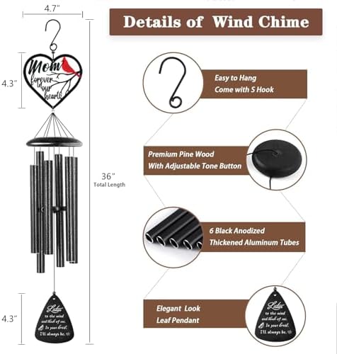 Sympathy Gifts for Loss of Mom, Memorial Wind Chimes for Loss of Mother, Memorial Gifts for Loss of Mother, Condolence Bereavement Gifts in Memory of Loved One, Black