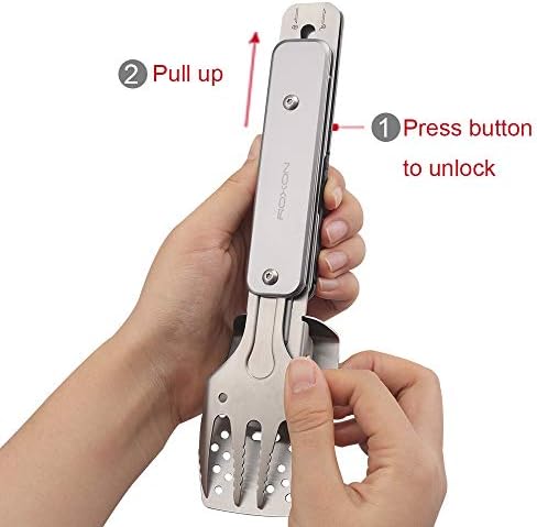 ROXON 4 in 1 Mini Folding BBQ Barbecue Combo Tool Set with Spatula, Fork, Tongs and Bottle Opener for Hiking Camping (Grey)