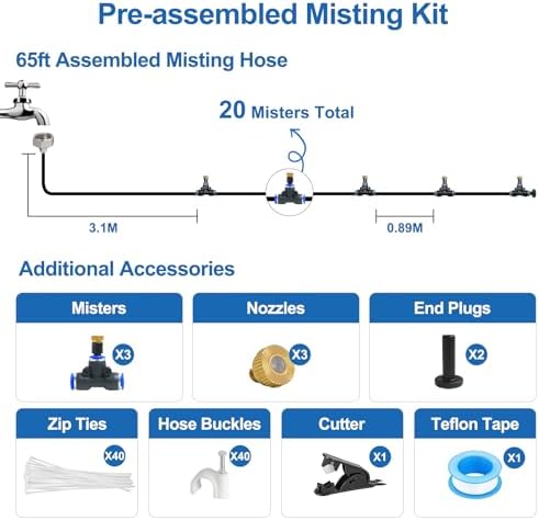 Pre-Assembled Misters for Outside Patio,Outdoor Water Misting Cooling System,65FT|20M.Backyard Mist Kit for Garden,Greenhouse,Deck,Umbrella,Canopy,Pool,Porch.Trampoline Sprinkler,BBQ Party Accessories