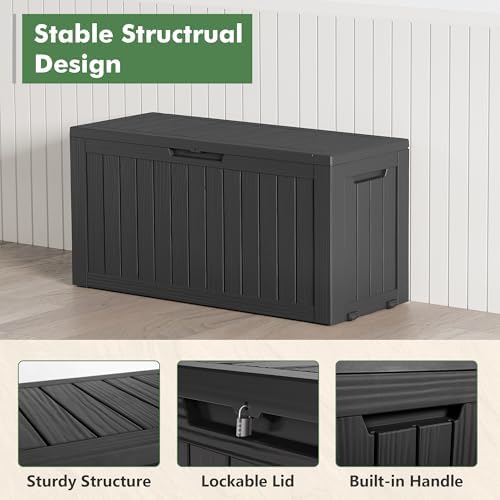 NUNU LAB 75 Gallon Outdoor Storage Box,Large Resin Sturdy Deck Box, Backyard Outside Storage Box Waterproof with Double Wall Panels,Package Delivery Garden Hose Storage Bin Outdoor Tool