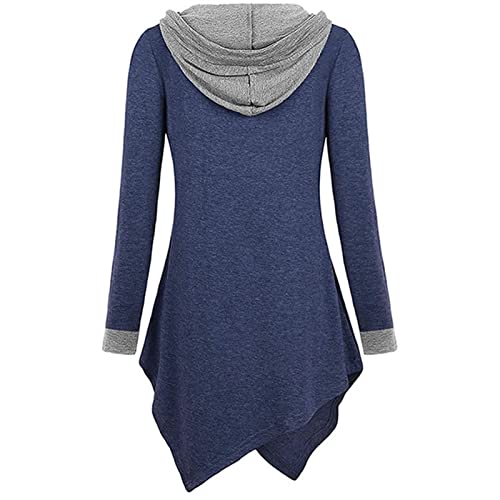 JEsilunmaMY Womens Hoodies Long Sleeve V Neck Irregular Hem Pullover Tops Solid Color Loose Patch Pocket Hooded Sweatshirt (Blue2,Small)