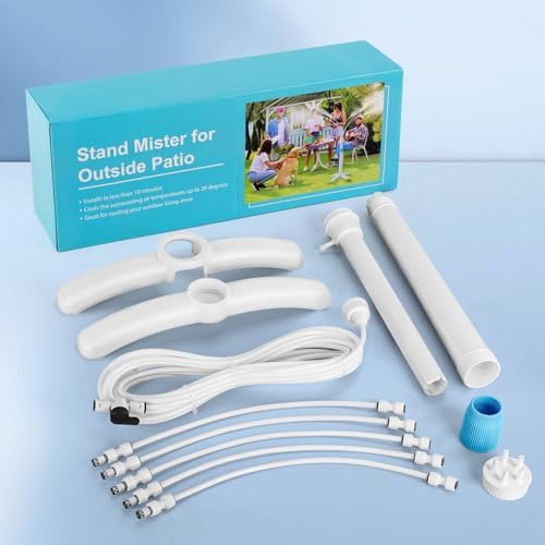 Stand Mister System, Portable Misting Cooling System with Upgrade Adjustable Riser Tube, 5 Spray Nozzles + 26.2FT (8M) Misting Line for Patio Pool BBQ Cooling Kids Water Playing (3.8FT)