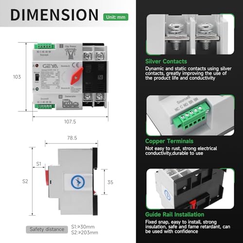 Mini ATS Automatic Transfer Switch 2P 100A AC110V, IGEYAPA 2POLE 100amps ATS Dual Power Switch for Home Generator, Din Rail Mounted Controller Electrical Type RV Fast Transfer (W2R 2P 100A AC110V)
