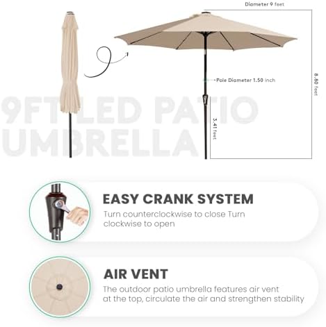 JEAREY 9FT Outdoor Patio Umbrella with Solar Lights, LED Lighted Pool Umbrella with Tilt and Crank, Outdoor Table Umbrellas for Deck, Yard & Market (Beige)