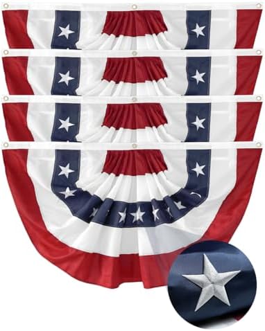 4Pack Bunting Flag 2x4 Ft American Patriotic Bunting 4th of July Decor Outside Porch USA Pleated Half Fan Flag Decorate Garden Embroidered Star Red White & Blue Banner