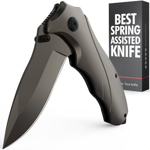 Grand Way Tactical Knife for Men - Black Pocket Knife - Best Spring Assisted Knife with Glass Breaker and Pocket Clip - Cool Folding Knives for Military Work Camping - Birthday Gifts for Dad 6495 B