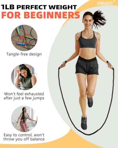 Frelaxy Jump Rope 1LB, Weighted Jump Rope for beginners, Heavy Jump Ropes for Fitness, Total Body Workouts, Weight Loss, Strength Training, Compact Skipping Rope for Home Gym Workout Equipment (Black)