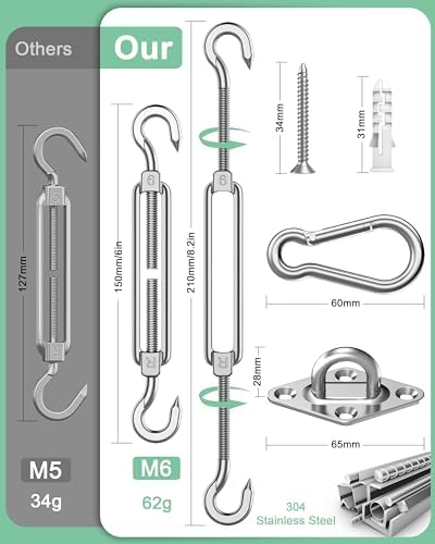 Sun Shade Sail Hardware Kit: 6 Inch Stainless Steel Sun Sail Hardware Kit for Triangle & Rectangle Shade Sail Canopy Installation, 44 Pcs Sunshade Hardware for Sun Shades Outdoor Patio Garden Backyard