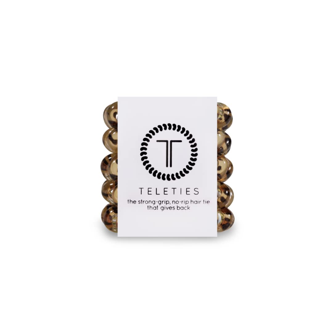 Teleties Brand - Hair Tie - Tiny Spiral Hair Coils - Leopard - 5 Count - Phone Cord Hair Ties for Women - Strong Grip, No Rip, Water Resistant, No Crease Hair Tie Coils