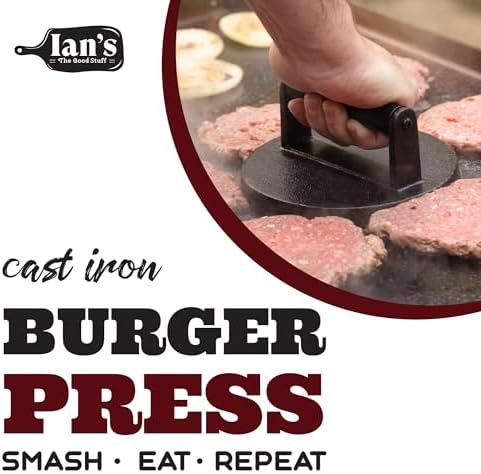 Ian's Smash Burger Press 6.5" Cast Iron Hamburger Press Heavy Duty - Burger Smasher Griddle Press, Meat Press, Makes Great Gift for Dad