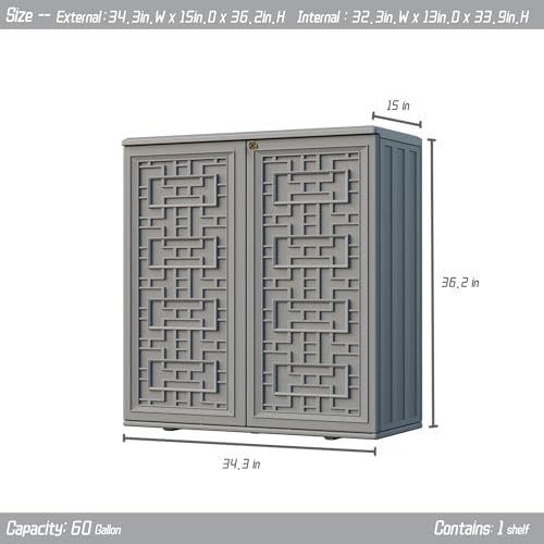 Indoor Outdoor Storage Cabinet Waterproof with Shelf,Plastic Storage Sheds Outdoor Cabinets for Patio/Garden/Backyard, Size 34.3''L*15''W*36.2''H(Gray)