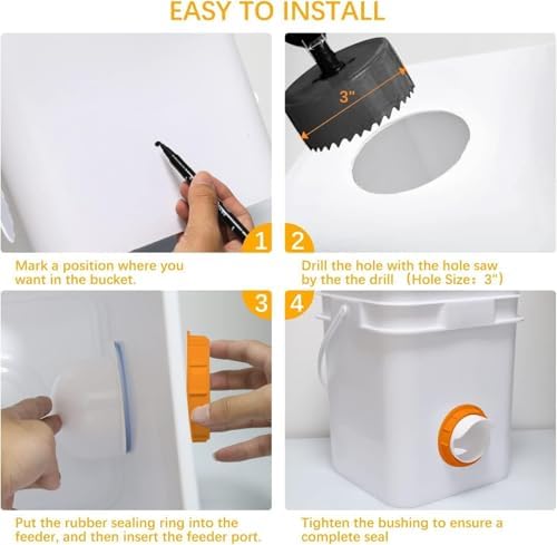 DIY Chicken Feeder No Waste 8 Ports, Automatic 4 inch Poultry Feeder with 8 Pcs Stopper & 1 Hole Saw, Weatherproof Reusable Gravity Chicken Feeder Kits for Buckets, Barrels, Bins, Troughs (Orange)