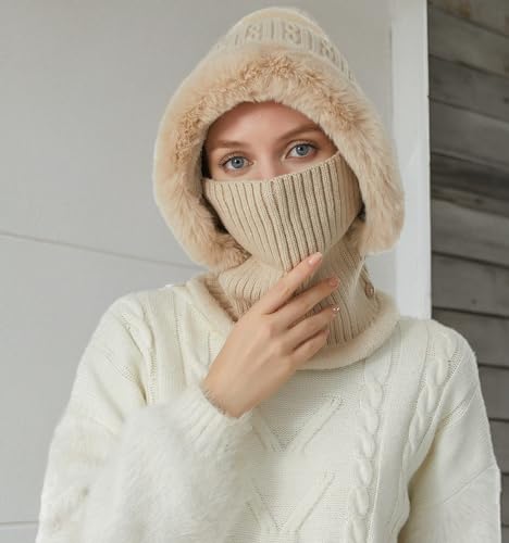 HUAMULAN Women Winter Knit Balaclava One Piece Skull Beanie Hat Neck Circle Scarf Set Ski Snow Slouchy Earmuff Pompom Hats