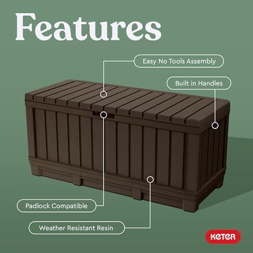 Keter Kentwood 92 Gallon Resin Deck Box-Organization and Storage for Patio Furniture Outdoor Cushions, Throw Pillows, Garden Tools and Pool Floats, Brown