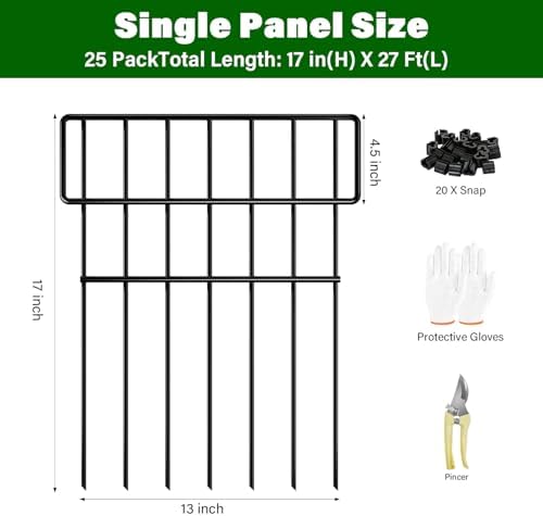 25 Panels Animal Barrier Fence No Dig, 27 Ft(L) X 17 in(H) Decorative Garden Edging Fence for Yard, Rustproof Metal Outdoor Garden Fences Borders for Dogs, Small Pets, Landscape, and Lawn