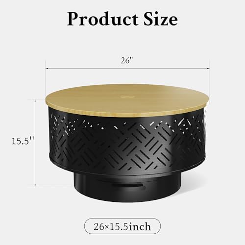 26" Wood Burning Fire Pits with Grill & Lid, Fire Pit Table for Outside with Waterproof Cover & Fire Poker, Outdoor Firepit with Functions for BBQ,Table and Bonfire