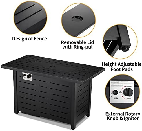 Xbeauty Fire Pit Propane Gas FirePit Table 43" Outdoor Fire Pit Rectangular Tabletop with Lid, Rain Cover, for Outside Garden Backyard Deck Patio