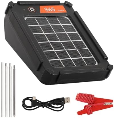 S65 0.065J Solar Electric Fence, 2 Miles Solar Fence Charger for Preventing Bears, Raccoons, Skunks Intruding, Solar Electric Fence Charger with Grounding Rod