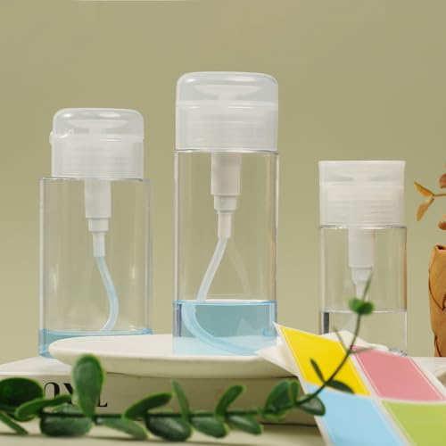 3 Pack Push Down Pump Dispenser,Clear Push Top Empty Bottles with DIY Stickers for Alcohol,Nail Polish,Makeup Remover,Toner (80ml)