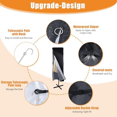 Patio Umbrella Parasol Cover, 420D Waterproof Outdoor, Fits 13-15 ft Double-Sided Large Umbrella, Garden, Top Vent, Zipper, Windproof Anti-UV