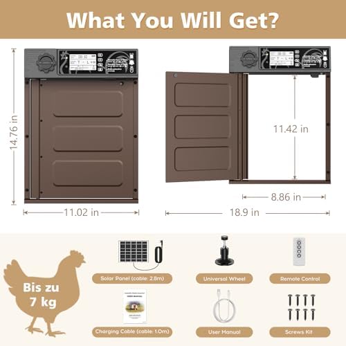 Large Size Automatic Chicken Coop Door Solar - Powered Auto Chicken Door Opener, Automatic Chicken Door with Timer/Light Sensor Modes, Intelligent Obstacle Sensors, Remote Control, 14.76"H x 11.02"L
