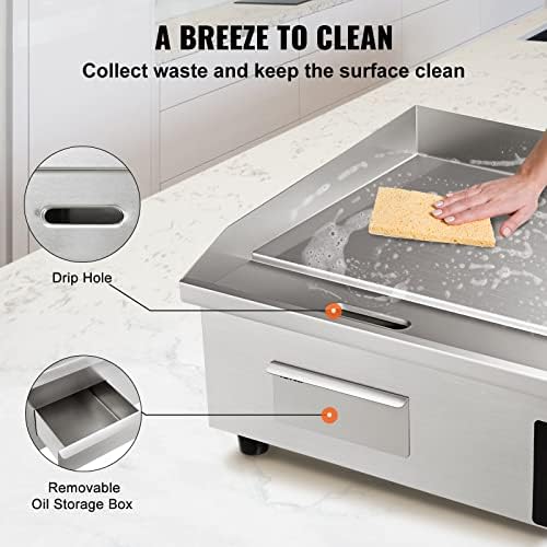 VEVOR Commercial Electric Griddle, 22", 1600W Countertop Flat Top Griddle, Stainless Steel Teppanyaki Grill w/Iron Cooking Plate, 122-572℉ Adjustable Temp Control 2 Shovels & Brushes, 110V