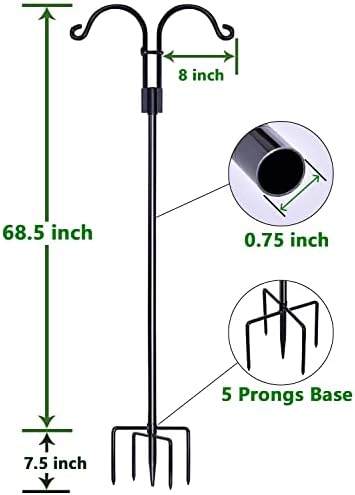 Double Shepherds Hooks for Outdoor, 2 Pack 76 Inch Bird Feeder Pole with 5 Prongs Base, Heavy Duty Garden Hook for Hanging Plant, Lantern, Hummingbird Feeder