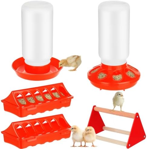 TINSKY 5 Pack Chick Feeder and Waterer Set Plastic Baby Chicken Brooder Starter Kit with Chick Perch for Small Poultry Ducks Quail