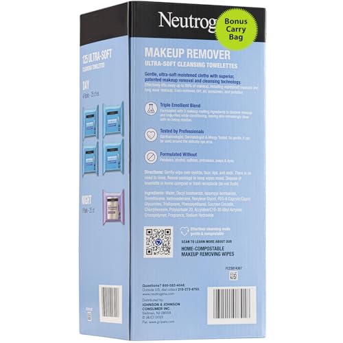 Makeup Remover Wipes, NeutrogeneDay & Night Calming Wipes Ultra-Soft Cleansing Facial Towelettes for Makeup, Alcohol-Free, Plant-Based, 125 Count (Pack of 5) With Travel Case, Great Gift Idea