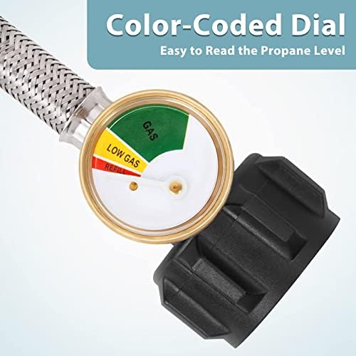 SHINESTAR RV Propane Hose with Gauge for Camper, 12 Inch Braided Propane Pigtail for Dual Stage Regulator, 1/4 Inch Male NPT x QCC1, 2 Pack