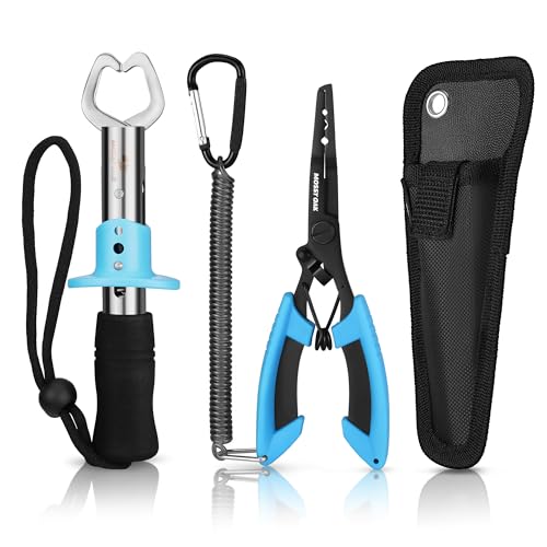 Mossy Oak 2Pcs Fishing Tools Kit- Fishing Plier, Fish Lip Gripper, Multifunctional Fishing Hook Remover with Lanyards Sheath, Saltwater Resistant Fish