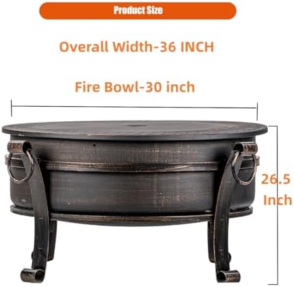 36 Inch Fire Pit with Grill & Lid, Fireplace & Round Table & BBQ 3 in 1 Fire Pit,Heavy Duty Wood Burning Fire Pits for Outside with Fire Poker, Waterproof Cover & Log Grate