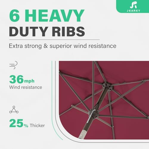 JEAREY 7.5FT Patio Umbrella Market Table Umbrella with 6 Sturdy Ribs, Push Button Tilt/Crank Outdoor Umbrella for Garden, Deck, Backyard, Pool and Beach,Burgundy