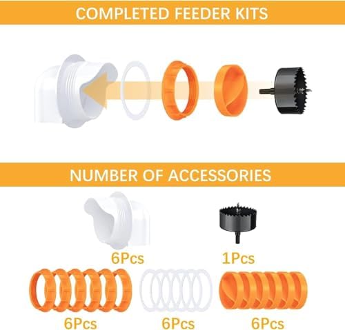 DIY Chicken Feeder No Waste 8 Ports, Automatic 4 inch Poultry Feeder with 8 Pcs Stopper & 1 Hole Saw, Weatherproof Reusable Gravity Chicken Feeder Kits for Buckets, Barrels, Bins, Troughs (Orange)
