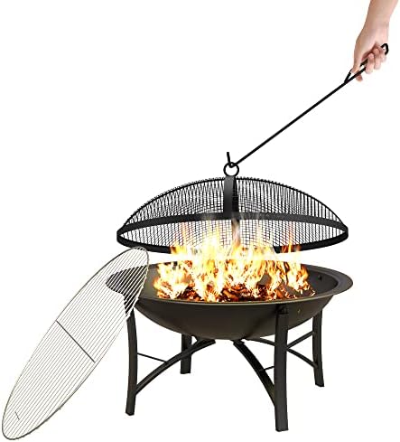 Fire Beauty Fire Pit for Outside Wood Burning,BBQ Grill Steel Fire Bowl with Cooking Grate,Spark Screen Cover,Log Grate,Poker for Camping Beach Bonfire Picnic Backyard Garden