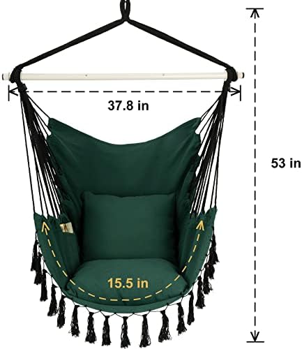Y- STOP Hammock Chair Hanging Rope Swing, Max 500 Lbs, 2 Cushions Included, Large Macrame Hanging Chair with Pocket for Superior Comfort, with Hardware Kit, Green