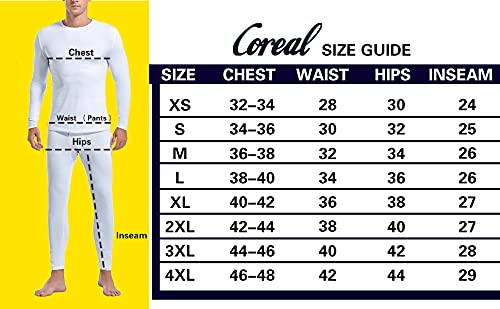 Coreal Mens Underwear Soft Thermal Wear for Men, Crew Neck Long Johns Base Layer with Fleece Lined Top & Bottom Set White Small