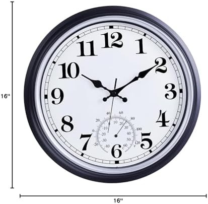 QWARVEL 16 Inch Large Outdoor Clock, Retro Waterproof Indoor/Outdoor Clock Non-Ticking Clock with Thermometer, Battery Operated Wall Clock for Patio, Garden, Pool - Black