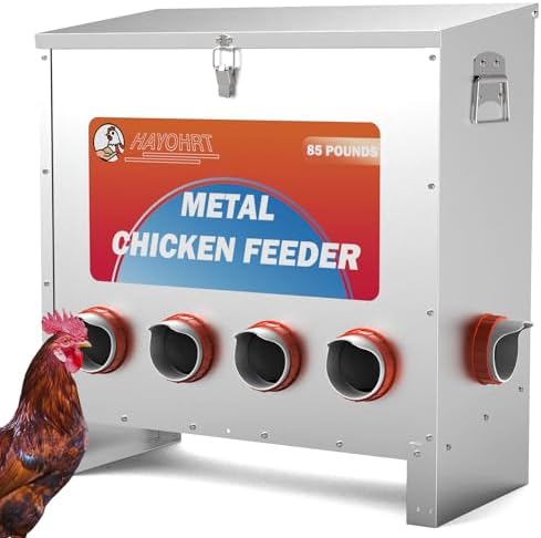 85 Pounds Automatic Chicken Feeder 6 Ports Large Gravity Fed Chicken Feeder with Latch & Handle for Chickens Bantams Pheasants Poultry Coop Weatherproof