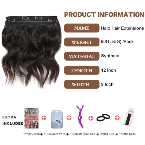 BUPPLER Halo Hair Extensions 12 Inch Invisible Wire Hair Extensions Adjustable Long Wavy Hair Extensions Synthetic Upgrade 4 Secure Clips in Hairpieces 12 Inch,Jet Black to Brown