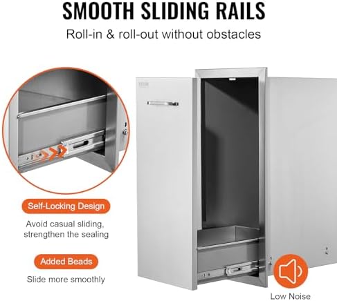 VEVOR Pull Out Trash Drawer 13.4"W x 25.7"H x 19.6"D Lower Sliding Rails Stainless Steel Roll Out Trash Bin Pull Out Tray Outdoor Kitchen Trash Drawer with Handle for BBQ Island Grill Station