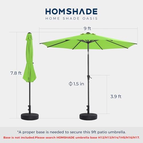 HOMSHADE 9ft Outdoor Patio Umbrella - Market Table Pool Deck Umbrella UPF50+ UV Protection with Push Button Tilt, Crank and 8 Sturdy Ribs (Apple Green, No base)