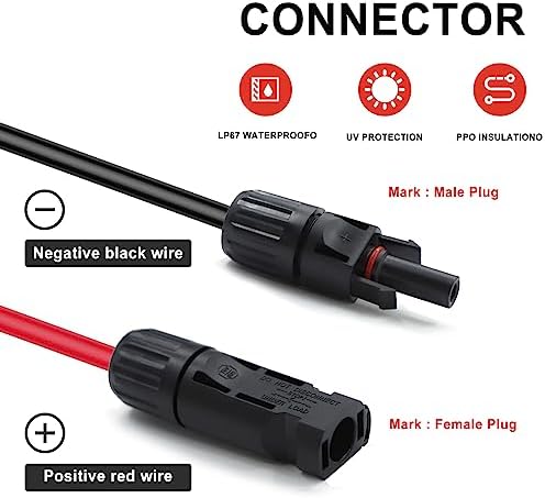 Twin Wire 30FT Solar Extension Cable - 10AWG (6mm²) Solar Panel Connector, with 6 Pairs-IP67-Male/Female Solar connectors for Outdoor Automotive RV Boat Marine Solar Panel- Black & Red