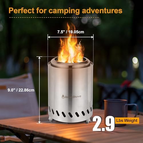 9 x 7 Inch Tabletop Fire Pit by AmazStove, Low Smoke Camping Stove for Outdoor Safe Burning Firepits, Fueled Pellets or Wood, Travel Bag Included, Silver