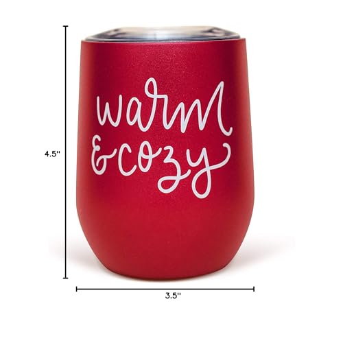 Sweet Water Decor Warm and Cozy Metal Wine Tumbler | 12oz Stainless Steel Insulated Stemless Wine Cup With Lid | Cute Wine Glass with Funny Sayings for Women, Christmas, Holiday, Winter, Xmas