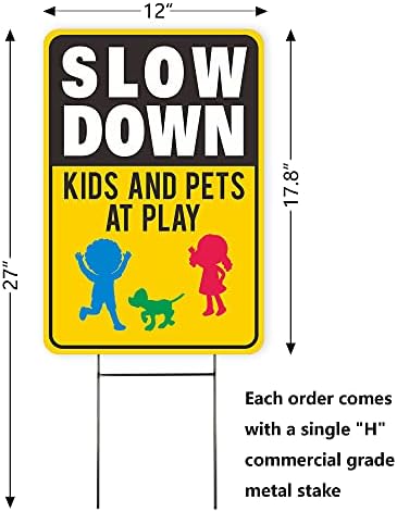 Slow Down Signs 2 Pack 17.8"x12" Slow Down Kids At Play Sign, Double Sided Slow Down Kids and Pets at Play Yard Signs With Metal Stakes, Weatherproof, 900g/m² Superhard Corrugated Plastic