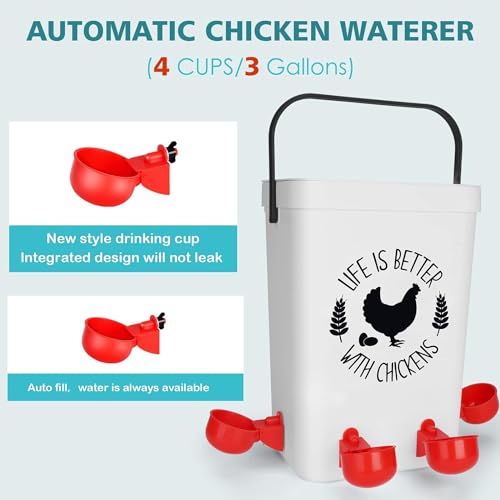 Chicken Feeder and Chicken Waterer Set (3 Gallon/26 Pounds) - Hanging Automatic Chicken Feeder No Waste - Chicken Coop Accessories - Poultry Waterer