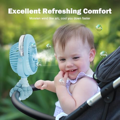 AMACOOL Portable Misting Stroller Fan, Rechargeable Mister Fan with Water Spray, 270°Pivoting, Flexible Tripod Clip on Mist Cooling Fans for Disney Travel Beach Outdoor Car Seat Treadmill Golf Cart