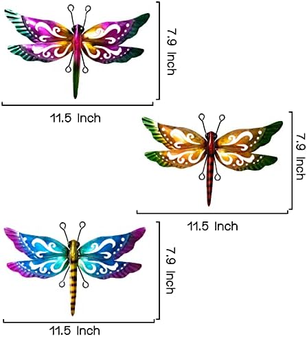 Dragonfly Garden Decor, 3 Pack Colorful Metal Dragonfly Wall Decor, Outdoor Decor Art for Patio, Yard, Fence, Garden, Outside, Backyard, Balcony