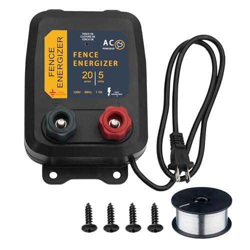 PE5 Electric Fence Energizer and 17 Gauge Spool Aluminum Wire Livestock Fence Chargers for Containing Pets and Preventing Wild Animals Intruding (0.20 Joule,20 Acres)